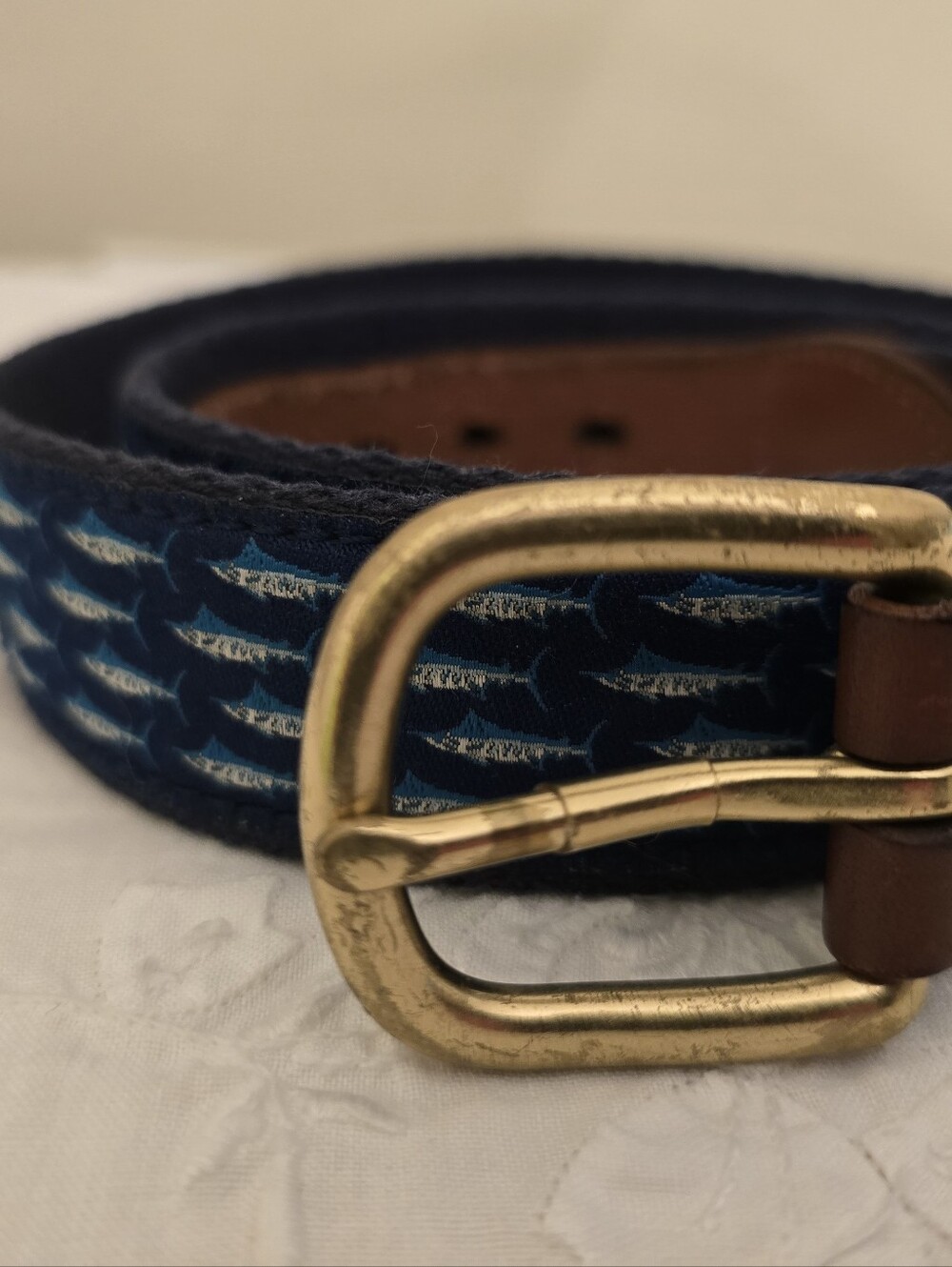 The Leather Man Ltd. Navy Blue Marlin Patterned Leather-Trim Men’s Belt Size 34